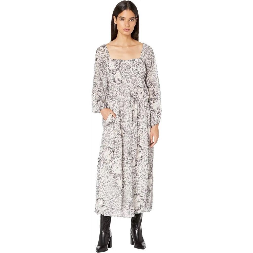 NWT All Saints Amara Laertes Midi Dress Size 4 Ecru Leopard Print Long Sleeve